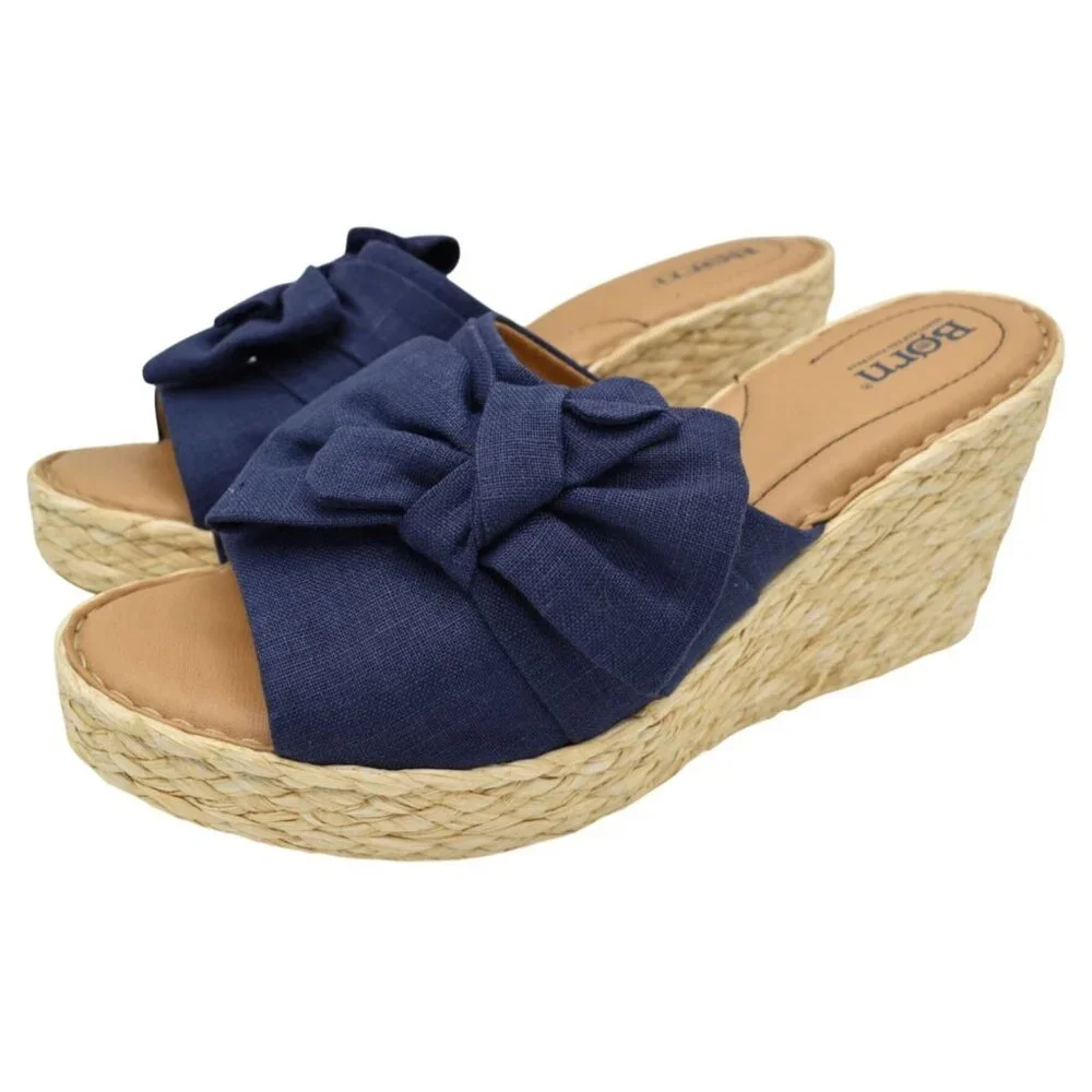 Born Womens Size 10 Adalia Navy Bow‎ Wedge Espadrille Sandals Shoes
